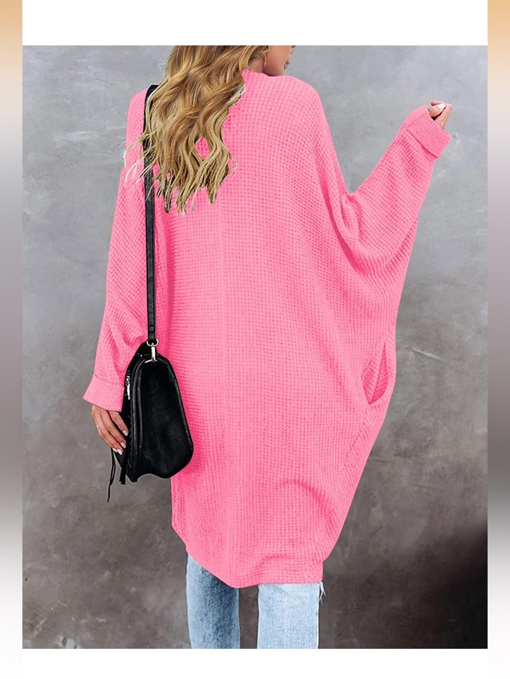 Hot Pink Waffle-Knit Open Cardigan Sweater Sz M - Picture 4 of 6